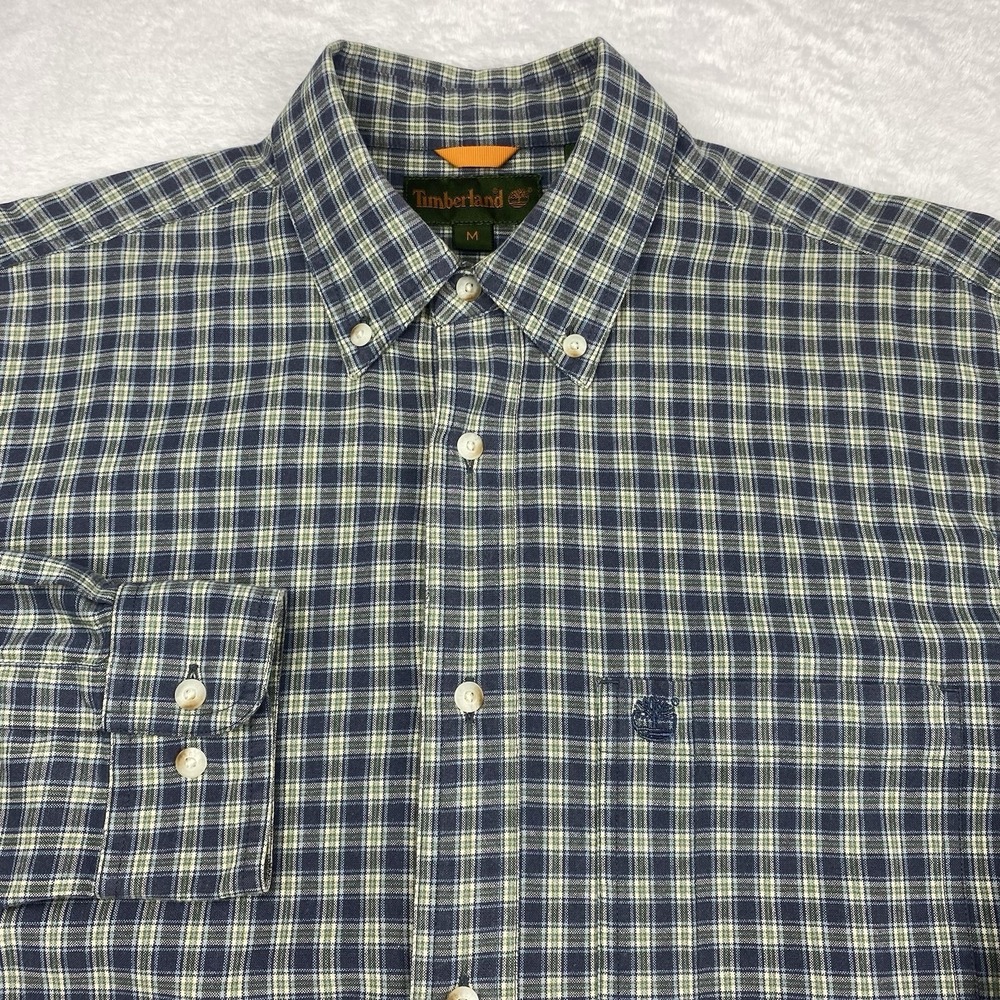 Timberland Men's Medium Blue Green Plaid Button-Down Shirt Long Sleeve